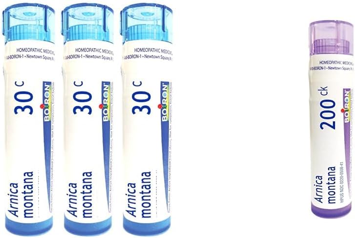 Boiron Arnica Montana 30c & 200CK Homeopathic Medicines for Muscle Pain Relief and Bruise Healing - Pack of 3 Tubes with 240 Pellets and 80 Count Bottle