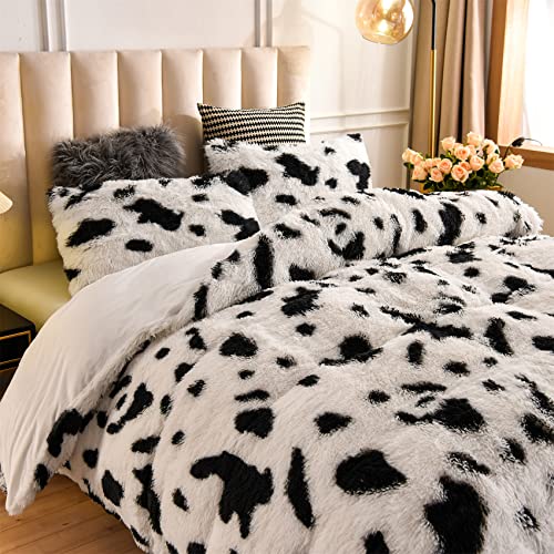 Aimuan Plush Shaggy Duvet Cover Set Faux Fur Fuzzy Cow Print Bedding Comforter Cover & Sets, Luxury Ultra Soft Crystal Velvet Reverse Fluffy Quilt Cover Set 3 Pcs (White, Queen) #TOP2