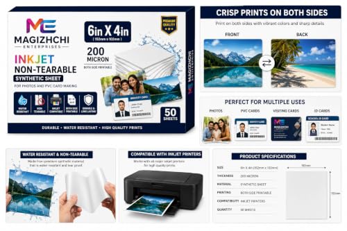 Image of Inkjet Non-Tearable Synthetic Sheet 6 x 4 Inch (152 x 102 mm), 200 Micron, Both Side Printable, Waterproof PVC Card & Photo Printing Paper for Inkjet Printers (Pack of 50 Sheets)