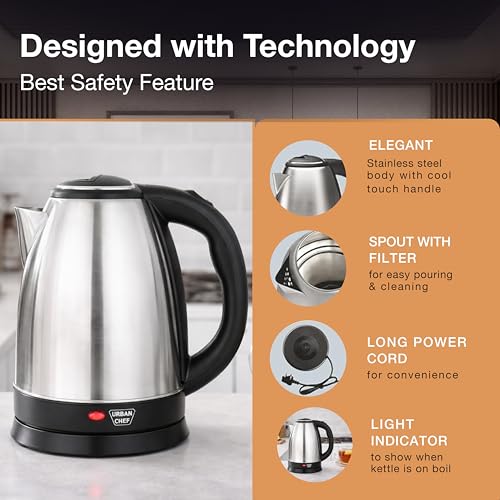 Image of Urban Chef Water Electric Kettle 1.5 litre|1500W Stainless Steel, Rotatable Base, Single-Touch Lid Locking, Automatic Cut-off |Kitchen Multipurpose Kettles For Hot Water Boiler 1 Year Warranty-Silver