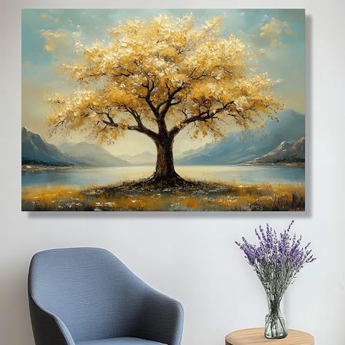 Tableau arbre automne doré 60x80cm pour masquer et illuminer un mur nu
