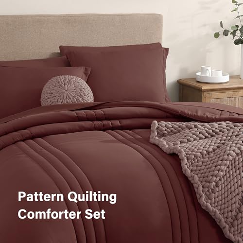 Image of Monbix King Size Comforter Set - 7 Pieces Bed in a Bag King, Dark Red Bedding Sets with Comforter, All Seasons Comforter Bed Set with Sheets, Pillowcases & Shams