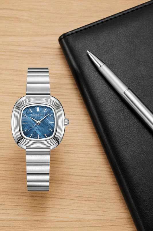 Image of Giordano Analog Quartz Watch for Women with SquareTextured Dial, Cushion Layered Bezel Design and Stainless Steel Strap