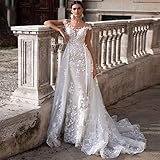 Romantic Scoop Neck Cap Sleeve Mermaid Wedding Dresses Gorgeous Appliques Detachable Train Princess Bridal Dress (Color : White, US Size : 8)