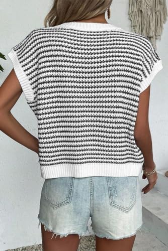 Womens Short Sleeve Sweater Top Cap Sleeve Crewneck Striped Knit Top Casual Pullover Sweater3