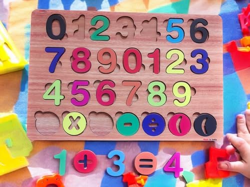 Image of Fiddlys Wooden Educational Jigsaw Puzzles for Toddlers & Preschoolers, Double Layered Wooden Puzzles with Bright Front & Back Print Alphabet Shapes and Numbers Learning, Toy (Number)