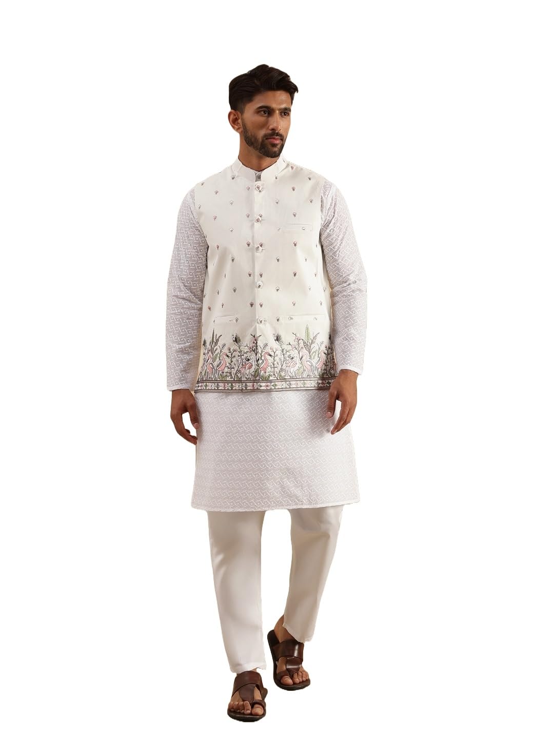 sojanya Men's Cotton Chikankari White Kurta and Pyjama With Daman Embroidered Nehru Jacket-picture-17