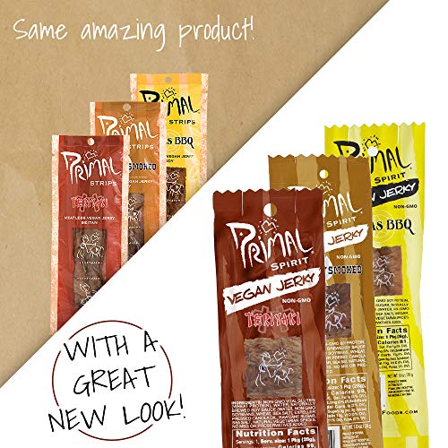 Primal Spirit Vegan Jerky - Most Popular Flavors Pack, 10 g. Plant Based Protein, ("The Classics" 6 Teriyaki, 6 Hickory Smoked, 6 Texas BBQ, 2 Thai Peanut, 2 Hot & Spicy, 2 Mesquite Lime 24-Pack, 1 oz