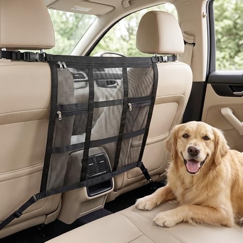 Wrenox Dog Car Barrier Dog Barrier for SUV Reinforced Double-Layer Mesh Adjustable Top & Bottom Straps 3 Zipper Storage Pockets Easy to Install Also Fits Double-Cab Trucks & Select Sedans