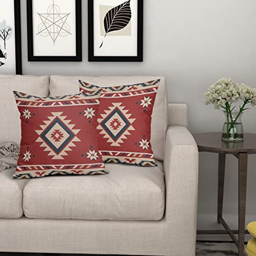 Red Southwest Pillow Covers 18X18 Inches Native American Throw Pillow Case For Couch Set Of 2 Geometric Pillow Cover Linen Cushion Cover For Indoor Outdoor Couch Sofa Patio Bedroom Livingroom #TOP6