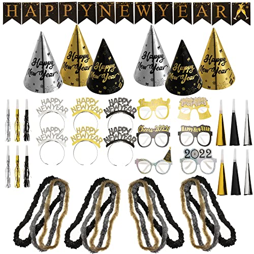 Happy New Year 2022 Ensemble de décoration de la Saint-Sylvestre - 43 pièces Fêtes du Nouvel An, dont 6 chapeaux coniques, 6 diadèmes à paillettes, bannières de bonne année Cover