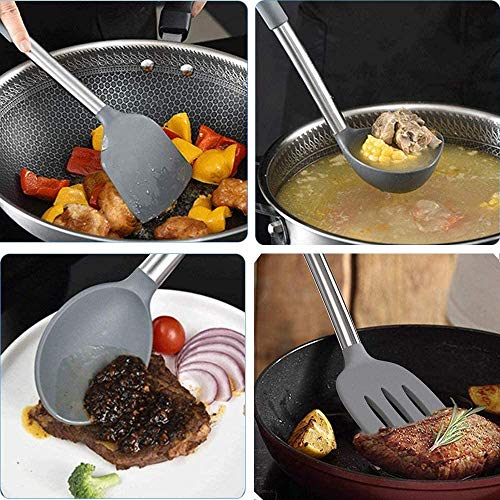 Kitchen Utensils Set, 25pcs Silicone Utensils Set with Plastic Holder Spatulas Turner Measuring Cups Spoons Whisk Brush Heat Resistant Stainless Steel Handle with Silicone Grip Gray Color - Image 5