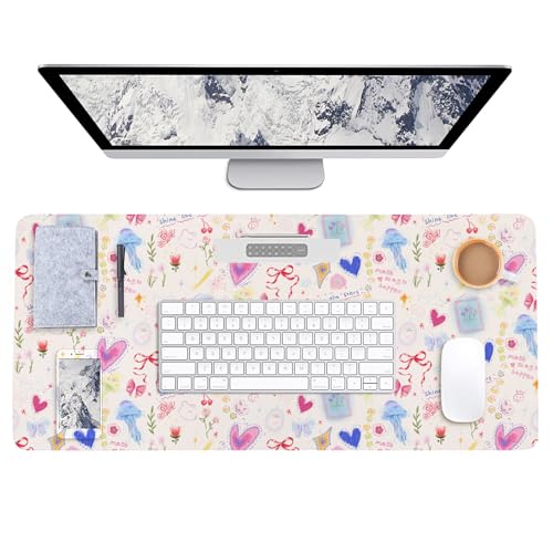 AUPET Leather Large Mouse Pad Desk Blotters â€“ 35 x 17in Cute Desk Mat with PU Surface, Non-Slip Desk Pad Protector,Waterproof Desk Writing Pad for Office Home (Sweet Dreamy Hearts)