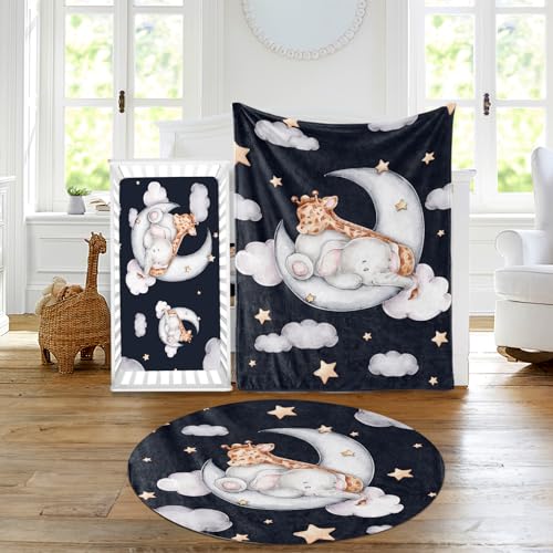 Duckbe Baby Crib Bedding Set - Moon Animals Nursery Bed 3 Pcs Set - Chic Soft Blanket, Sheet, Crawling Rug for Newborns Boys Girls Gifts