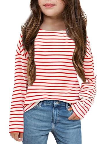 Image of Fanway&EC Girls Casual Long Sleeve T Shirts Basic Crewneck Striped Tunic Blouses Tops