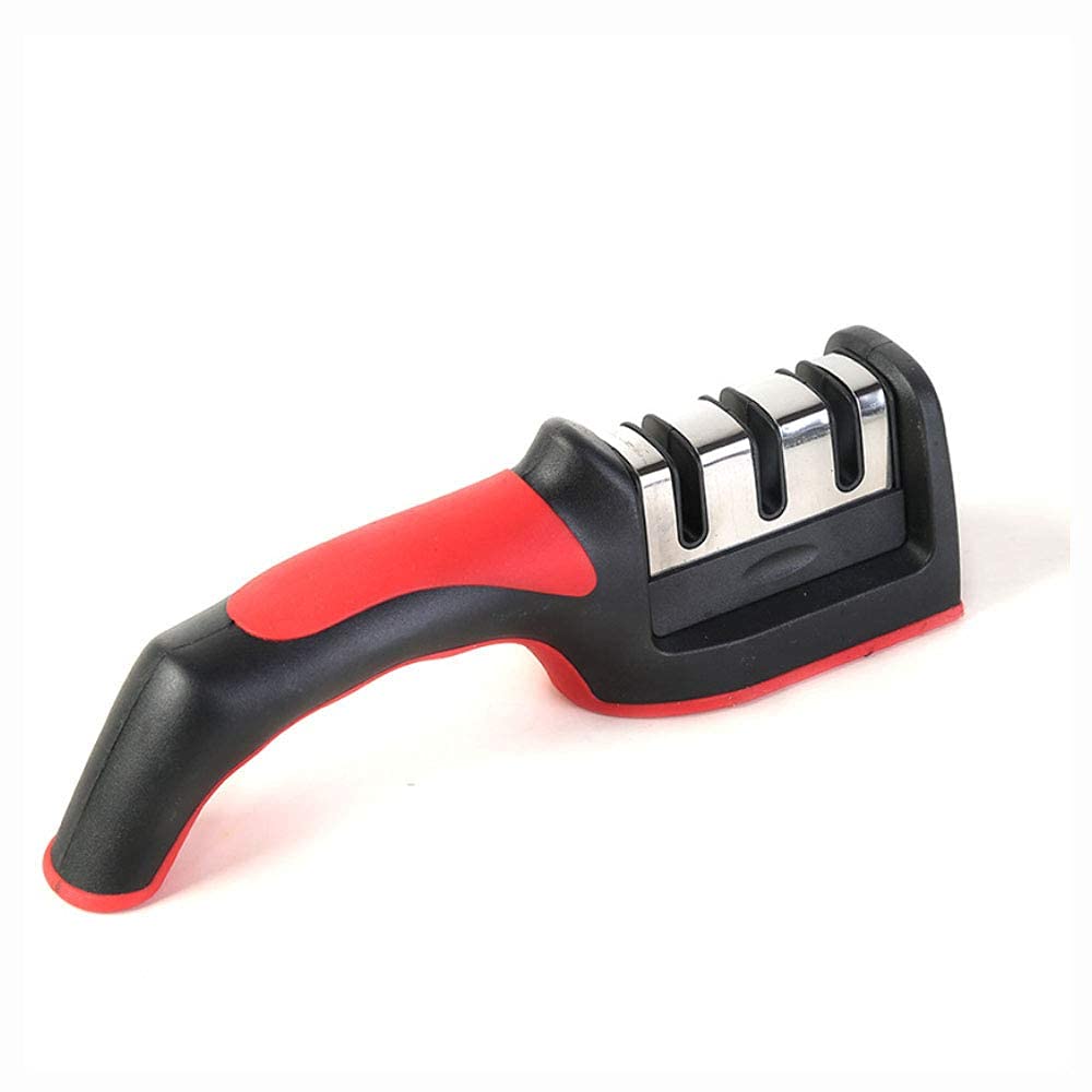 LEOPAX Kitchen Knife, 3-Stage Diamond Coated Knife Sharpener, Vegetable Ceramics Peeler, Hand-Held Three Slot Rapid Grinder, Multifunction Kitchen Knife Sharpener - Red
