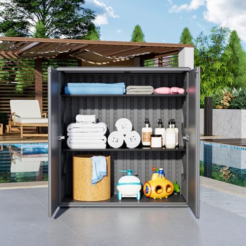 Image of KINYING Outdoor Storage Cabinet Waterproof, Resin 62 Gallon Deck Box for Patio Furniture Cushions, Garden Tools, Pool Tools and Kids' Toys (Grey with 1 Shelving)