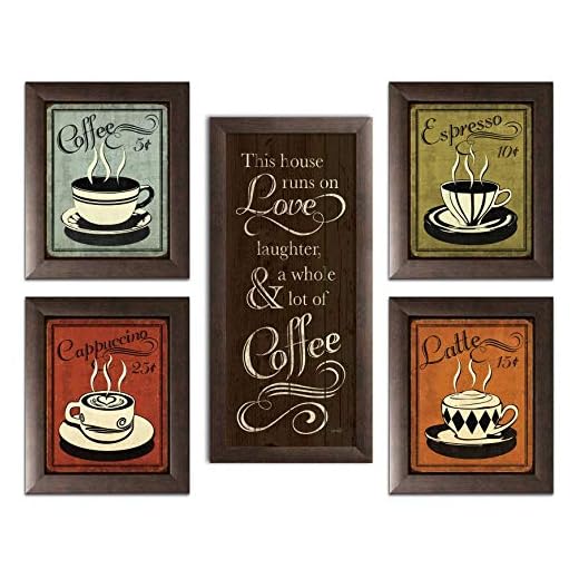 Classic Retro Coffee, Espresso, Cappuccino, Latte and 'This House Runs On Love Laughter and a Whole Lot Of Coffee" Set; Four 8x10-Inch and One 8x18in Brown Framed Fine Art Prints; Ready to hang!