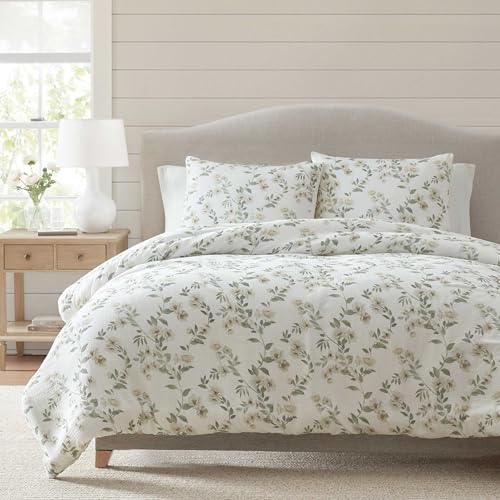 Martha Stewart - Queen Comforter Set, Soft Cotton with Crisp & Tailored Naturally Smooth Cotton Percale Reverse, 3 Piece Bed Set with Matching Pillowcases (Hazel Floral Beige)