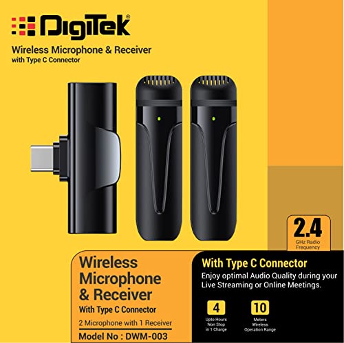 Image of Digitek (DWM 003 Wireless Microphone with Receiver Set, 2 Mics + 1 Receiver, Type C Connector, 4 Hours Continuous Use, 10m Wireless Range, Suitable for Vlog, YouTube, Live Streaming, Video Recording