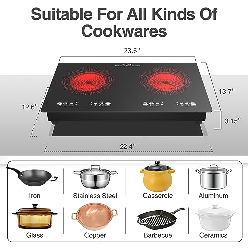 VBGK Electric cooktop,110V 24 inch 2 Burner Electric Cooktop,Built-in and Countertop Electric Stove Top,2200W Electric Stove,9 Power Levels, Kids Lock & Timer,LED touch control,Overheat Protection