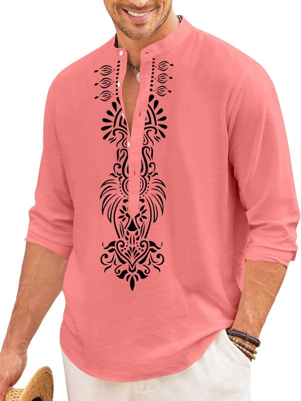 FINIVO FASHION Men’s Cotton Blend Short Kurta with Bold Printed Front Design | Full Sleeve Ethnic Casual Kurta with Mandarin Collar | Artistic Festival & Travel Wear for Modern Ethnic Style
