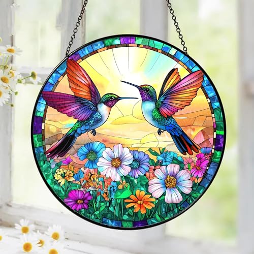 Hummingbird Suncatcher Stained Glass Window Hanging Decor Hummingbird Gifts for Women Birds Lovers Spirit Birds Glass Panel Garden Decorations Birthday Christmas for Mom Grandma