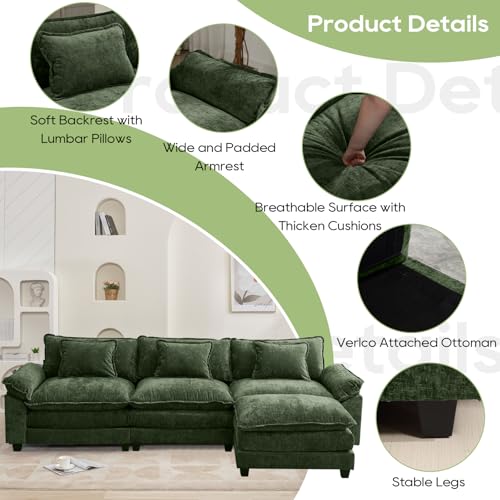 Image of Oprisen 120 inch Modular Sectional Sofa, Comfy Cloud Couch Sectional Sofa with Ottoman, Chenille Sofa Sleeper Deep Seat Sofa with Throw Pillows for Living Room (Green, 120 inch- L Shape)