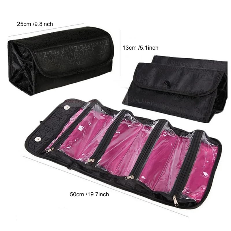 Beauty Case a 4 Strati Arrotolabile, Astuccio per Cosmetici e Trucco di Grande capacità, Borsa da Viaggio Pieghevole con Gancio per appenderlo.