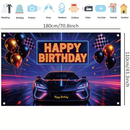 Image of Racing Car Happy Birthday Backdrop Sports Car Neon Racing Banner Black White Plaid Checkered Flag for Men Boys Photography Background Bday Table Decor Photo Booth Prop 71 x 43 Inch