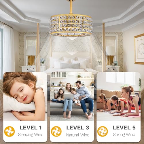 DWVO 18" Crystal Caged Ceiling Fan with Light, Modern Industrial Chandelier with Remote, 3 Speed & 3 Color Temperatures, Reversible Blades for Bedroom, Living Room - Gold