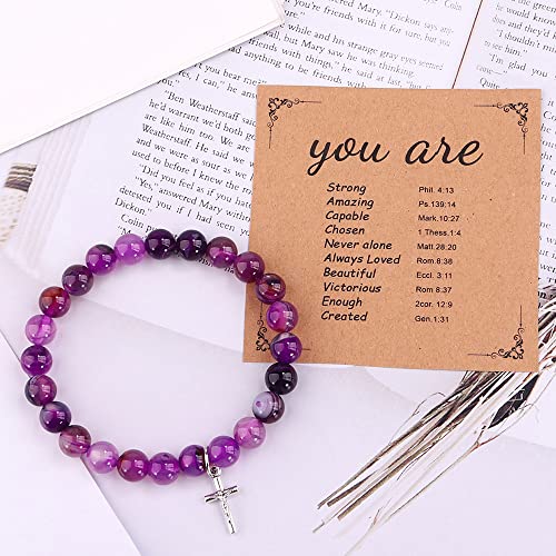 Nilesr Christian Gifts For Women, Inspirational Gifts Natural Stone Cross Bracelet With Bible Verse Prayers Card Religious Gifts For Women Teen Girls Friends (D-Purple) #TOP3