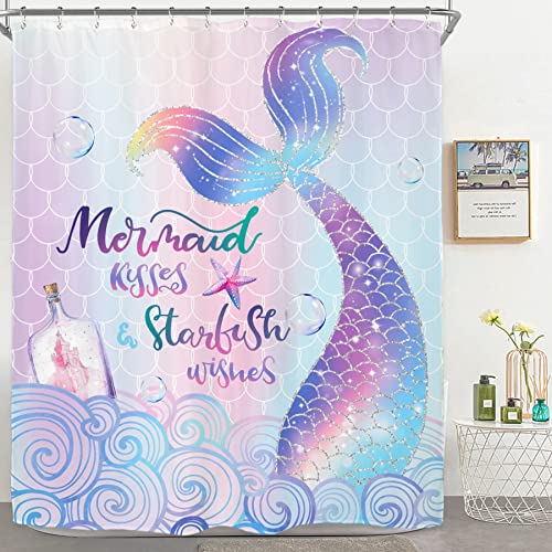 Riyidecor Mermaid Tail Fish Scale Shower Curtain For Bathroom Decor 60Wx72H Inch Colorful Ocean Theme Kids Girls Home Accessories 3D Fluorescent Blue Purple Fabric Polyester Waterproof 12 Pack Hooks #TOP7