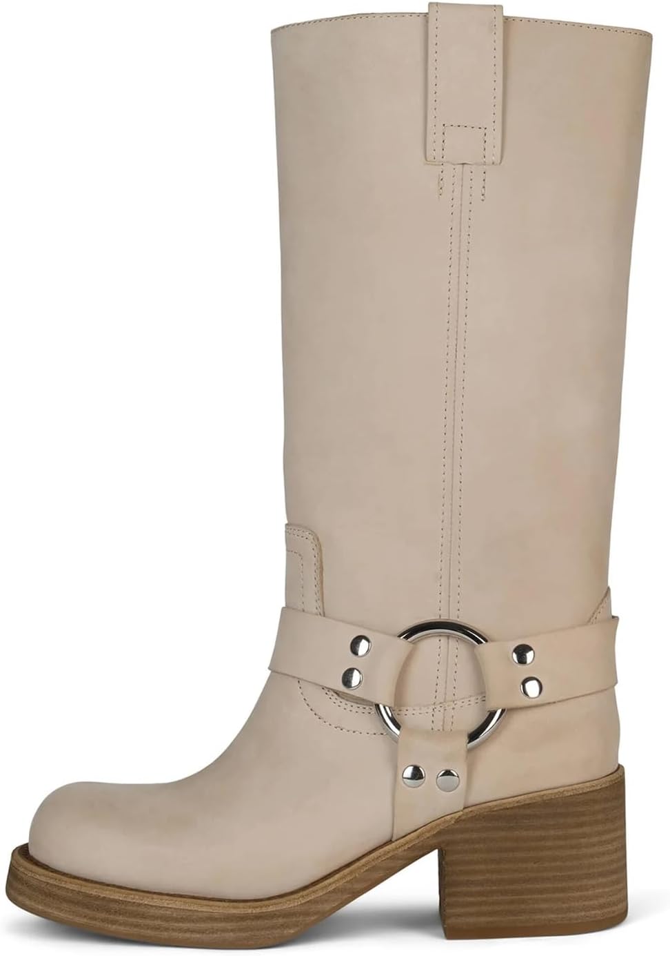 Women's Knee High Riding Boots Round Toe Block Heel Fashion Motorcycle Booties Side Zipper Wide Calf Biker Riding Boots with Studs