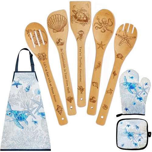 8 PCS Ocean Bamboo Kitchen Cooking Utensil Spoon Set with Apron Oven Mitt Potholder,Gift for Women Coastal Decor Beach Theme Kitchen Decorations,Sea Turtle Lovers,Housewarming,Birthday,Christmas