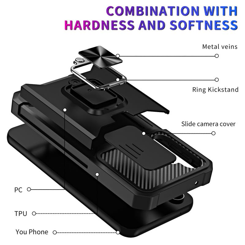 Image of LuxuryKase Shockproof Armor Case for Samsung Galaxy S24 Plus | Slide Camera Cover | Hidden Card Slot | Rotating Ring Kickstand | Magnetic Car Mount Support | Military Grade Protection - Black