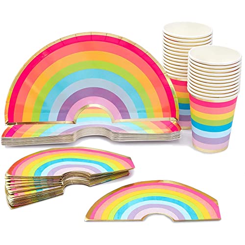 Für 24 Personen Party-Set Regenbogen mit Papptellern, Pappbechern und Halbrunden Servietten in Regenbogenform und -Farben