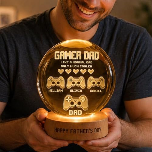 Image of Personalized Gamer Dad Crystal Ball Night Light, Custom Fathers Day Gift for Dad, Gaming Room Decor, Kids Names Keepsake Lamp, Custom Fathers Day Gift