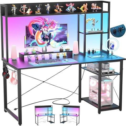 Cyclysio Gaming Desk with Hutch, 47'' Computer Desk with LED Lights & Power Outlets, Home Office Desk with Reversible 5 Tiers Storage Shelves & Monitor Stand, Small Gaming Table for Small Space, Black Cover