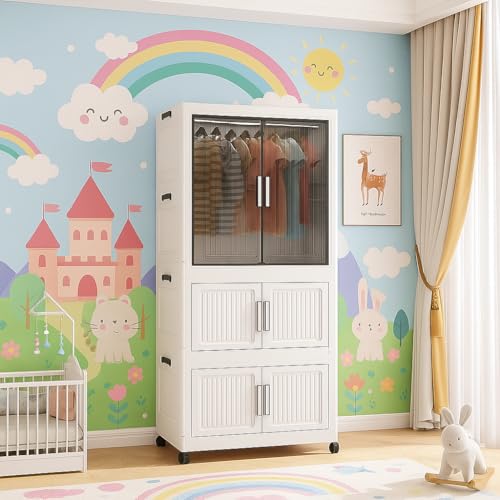 Image of Mevigo Door Plastic Wardrobe for Kids| Almirah and Wardrobe for Baby Clothes| Modular Storage Cabinet with Wheel Organizer for Cupboard Rack for Clothes /Shoes /Books /Toy (White-712, 3- Layer)