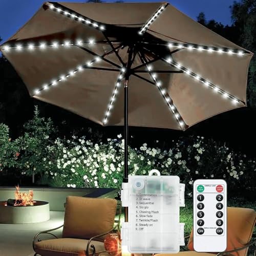 xiao Lámpara de paraguas de patio sin cuerda 104 lámpara de paraguas de mesa LED con batería de control remoto, suministro de energía, sombrilla impermeable (White)