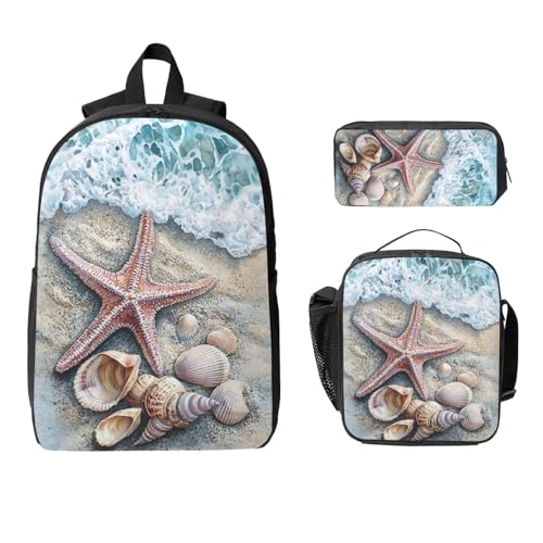 Coastal Starfish Backpacks 3 Pcs Cute Lightweight Daypack with Fun Graphic Cartoon Print for Travel Work