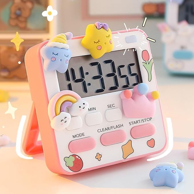 Image of Digital Kitchen Timer & Stopwatch with Large Display, Loud Alarm, Magnetic Back, Foldable Stand, Countdown /Count Up Timer for Cooking, Baking, Study, Exercise (Pink + 3D STIKER)