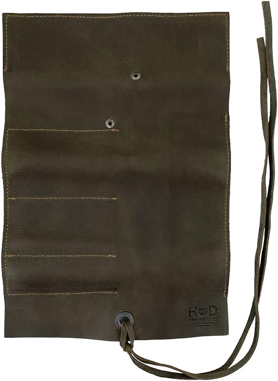 Hide & Drink, Rustic Leather Pencil Roll Pouch, Multi-Purpose Storage Wrap for Scissors, Earphones, Organizer for Craft, Work, Handmade (Dark Jade)