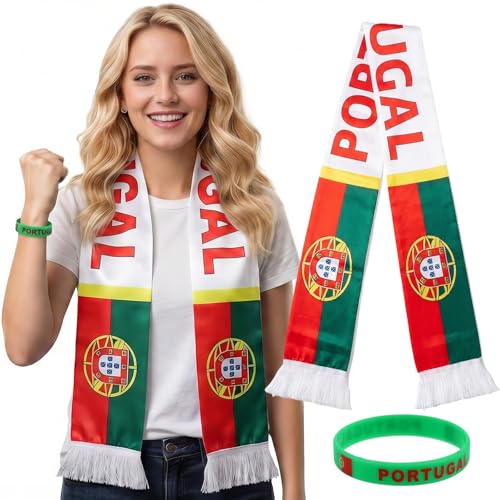 Maxmana Secret 2 pcs World Cup Fan Soccer National Team Scarves World Flag Wristband Double Side Logo Flag Print Scarf Sports Bracelets with Country Flag Gifts for Men Women (Portugal)
