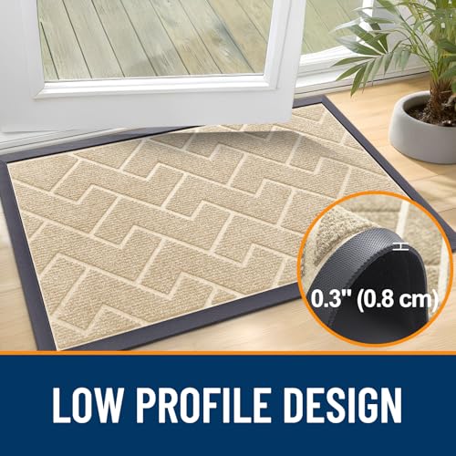 Image of OLANLY Front Door Mat Indoor Outdoor Entrance, Waterproof All-Season, All-Weather Doormat, Sturdy Natural Rubber, Low Profile, Easy Clean Patio Porch Entryway Mat, Herringbone Brick (Beige, 59x23)