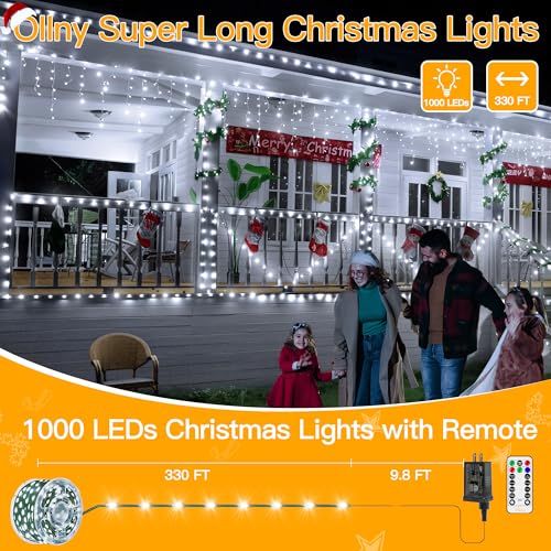 Image of Ollny Christmas Lights 1000 LED 330 FT, IP67 Waterproof Plug in Christmas Tree Lights with Remote, 8 Modes, 3 Timers, Dimmable, House Xmas Indoor Decorations Outdoor String Lights (Cool White)