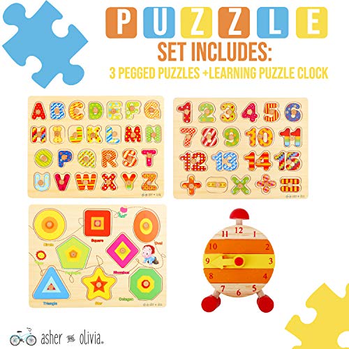 Wooden Peg Puzzles for Toddlers – (Pack of 3 with Stackable Learning Clock) Educational Preschool Puzzles for Toddlers 1 2 3 Year Old Kids Boys Girls Babies 12 18 36 Months Children Math Learning Set