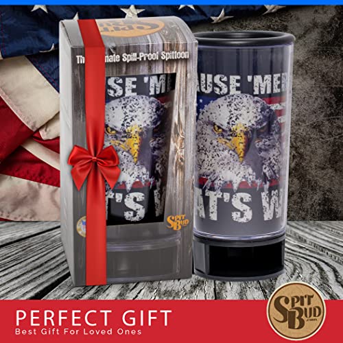 Merica That's Why By Spit Bud - The Ultimate Spittoon For Chew - Portable Dip & Snuff Cup With Lid, Pop Tab, Spill-Proof Funnel, Can Cutter & Holder - Fit In Cup Holders - Holds 8Oz - Made In Usa #TOP5