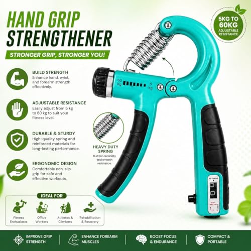Image of Sports Adjustable Hand Grip (5kg-60kg) Strengthener with Counter | Forearm Exerciser for Men & Women | Gym Workout Hand Exercise Equipment for Home Use | Stainless Steel Spring (Sea Green)